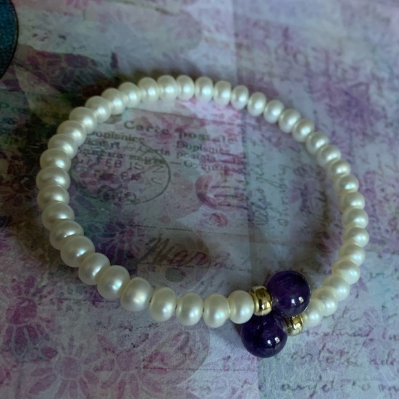 Amethyst Stone & Pearl Beaded Wrapped Wire Bracelet Woman’s Bracelet Jewelry - Picture 5 of 8